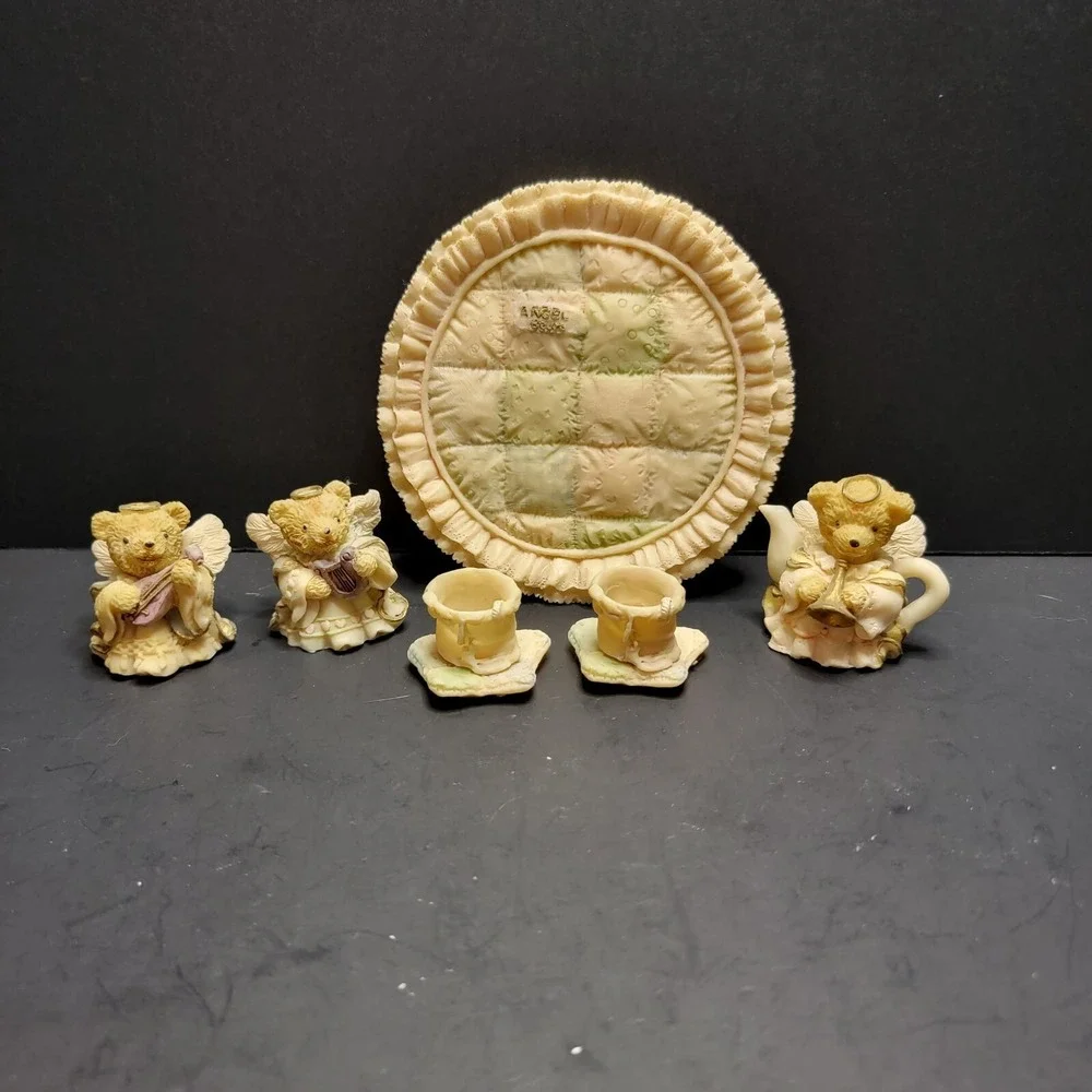 Teddy Bear Miniature Tea Set Painted Resin Quilt